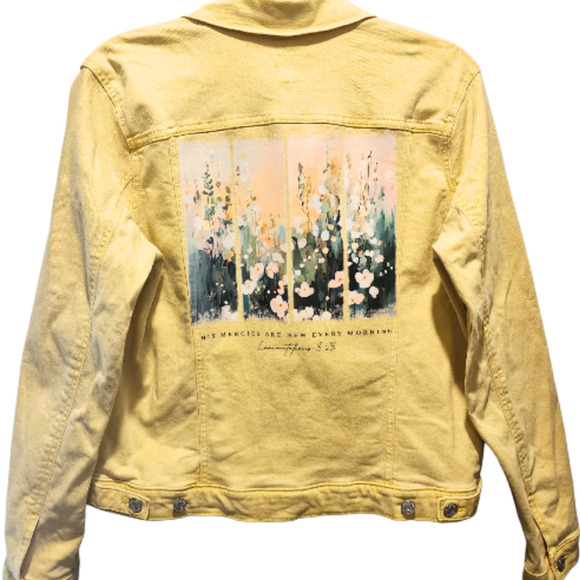 His Mercies Are New Every Morning Custom Upcycled Yellow Jean Jacket, Women's L - Picture 1 of 6